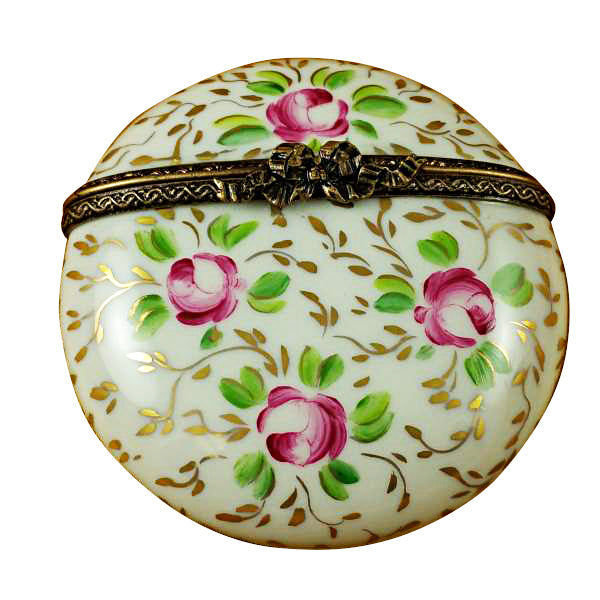 Round Box with Gold and Pink Flowers Limoges Trinket Box, a hand-painted Limoges porcelain gift