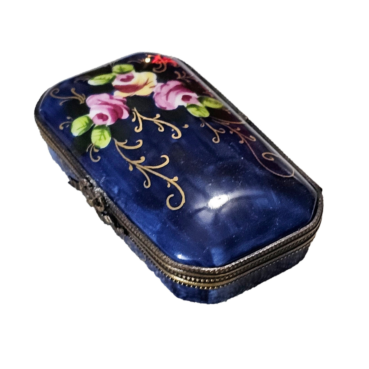 Dark Blue Rectangle w Roses Limoges Box, view 2