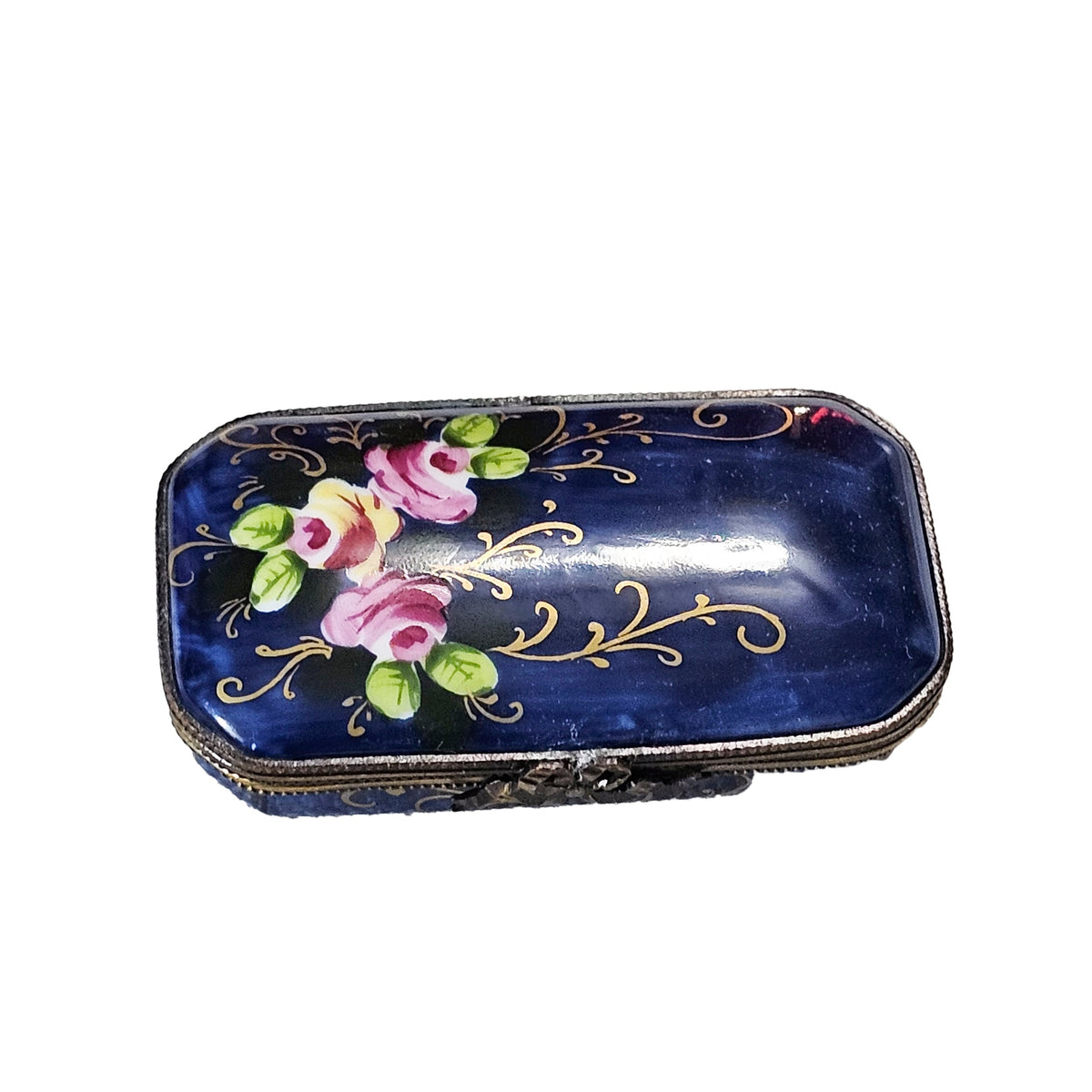 Dark Blue Rectangle w Roses Limoges Box, view 3