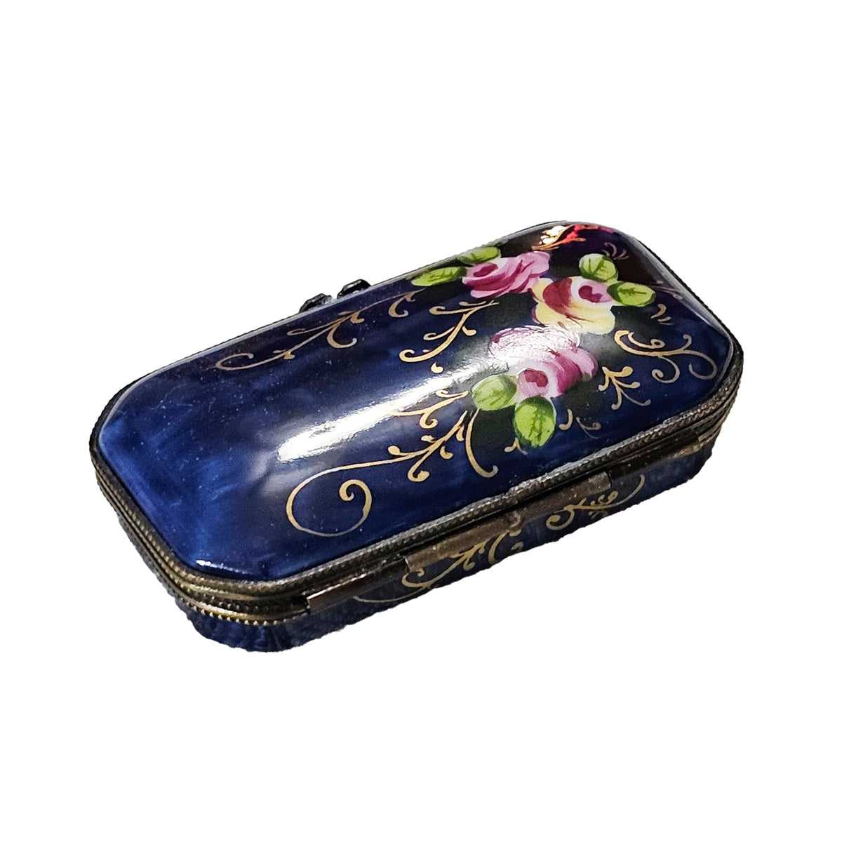 Dark Blue Rectangle w Roses Limoges Box, view 4