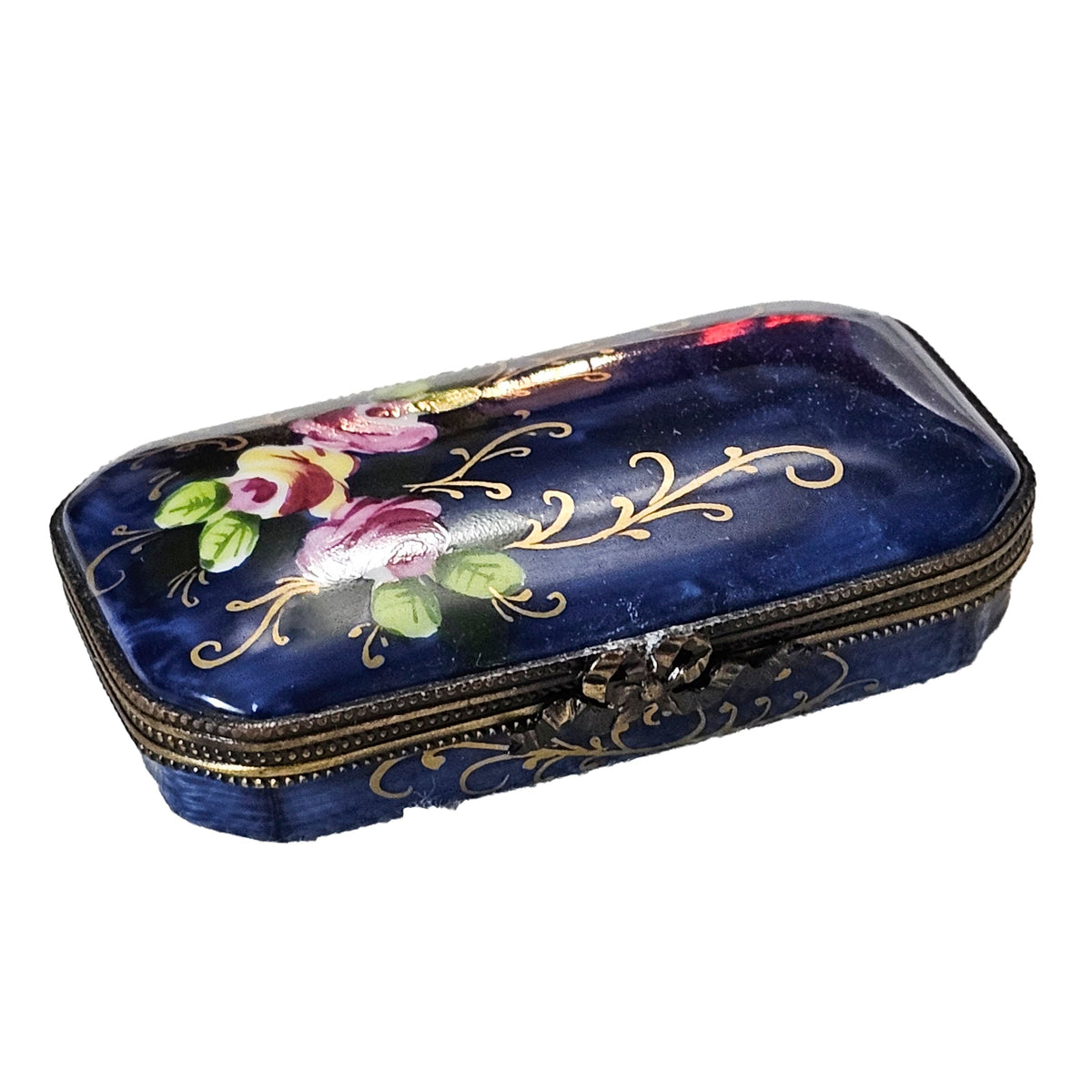 Dark Blue Rectangle w Roses Limoges Box, a hand-painted Limoges porcelain gift