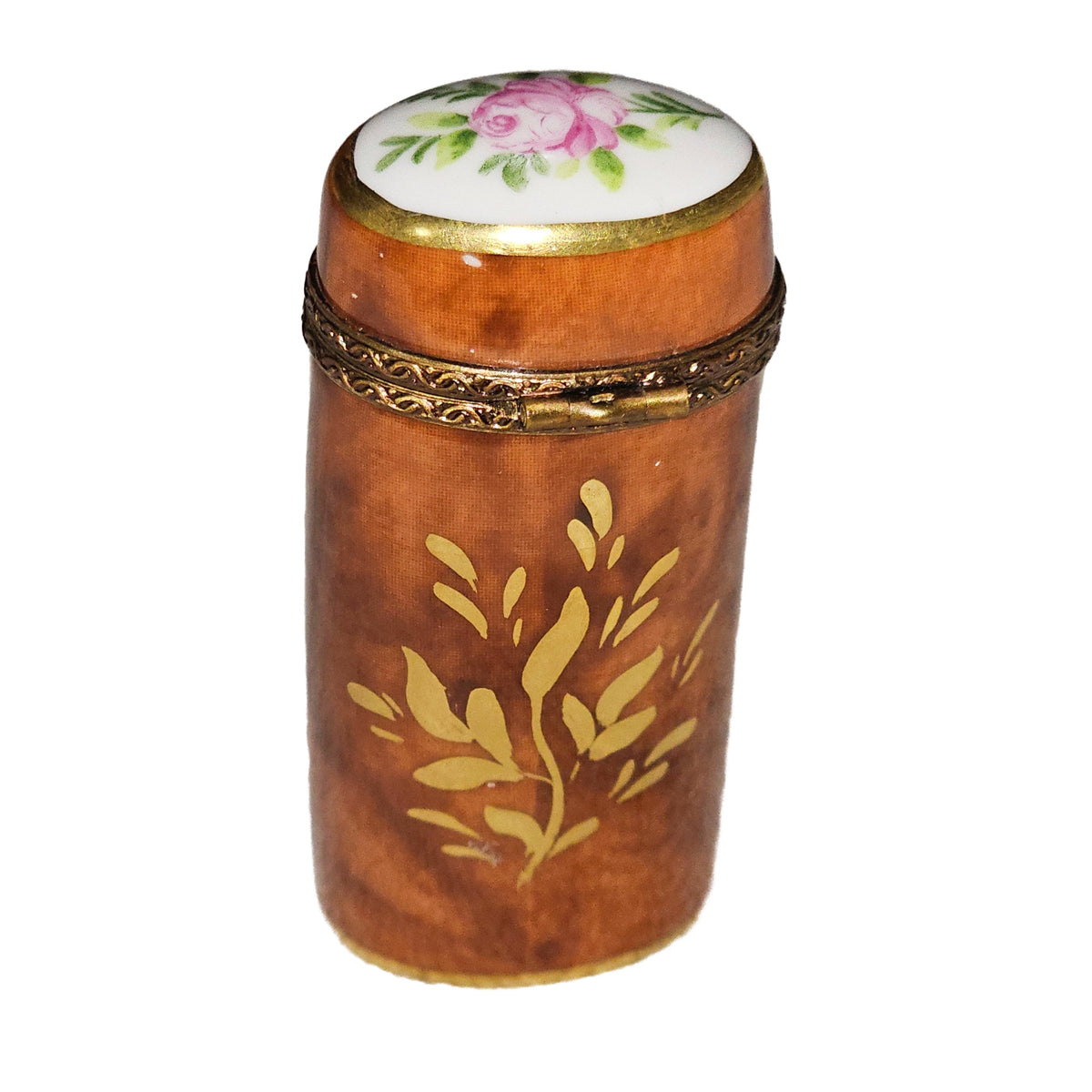 Brown Tall w Flowers Round Box for Home Decor Limoges, view 3