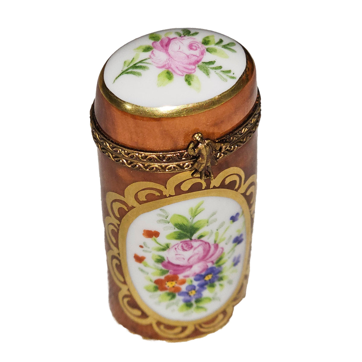 Brown Tall w Flowers Round Box for Home Decor Limoges, view 4