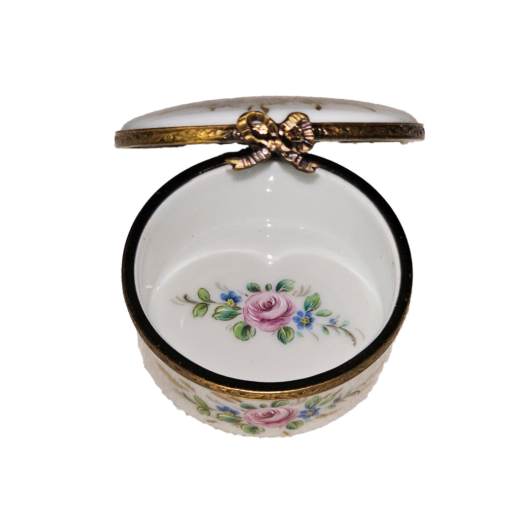 White Round Limoges Box with Brown Flowers, view 2