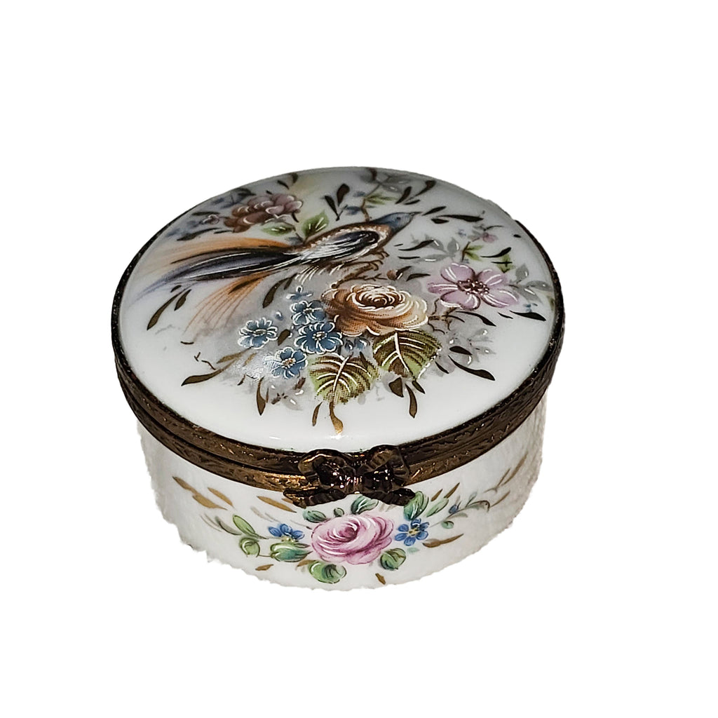 White Round Limoges Box with Brown Flowers, view 3