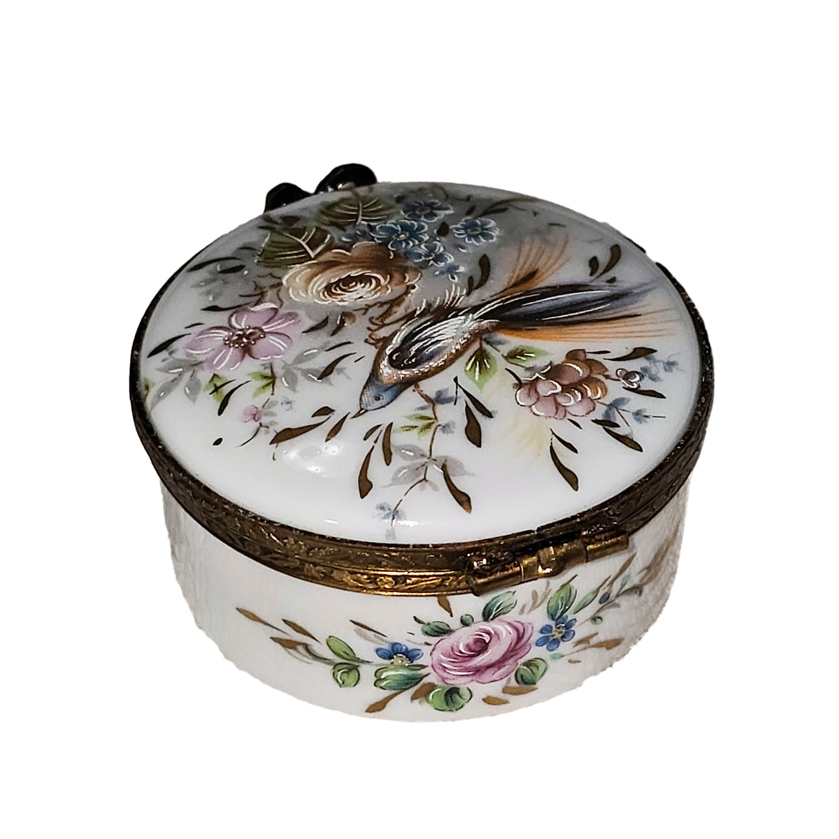 White Round Limoges Box with Brown Flowers, view 4