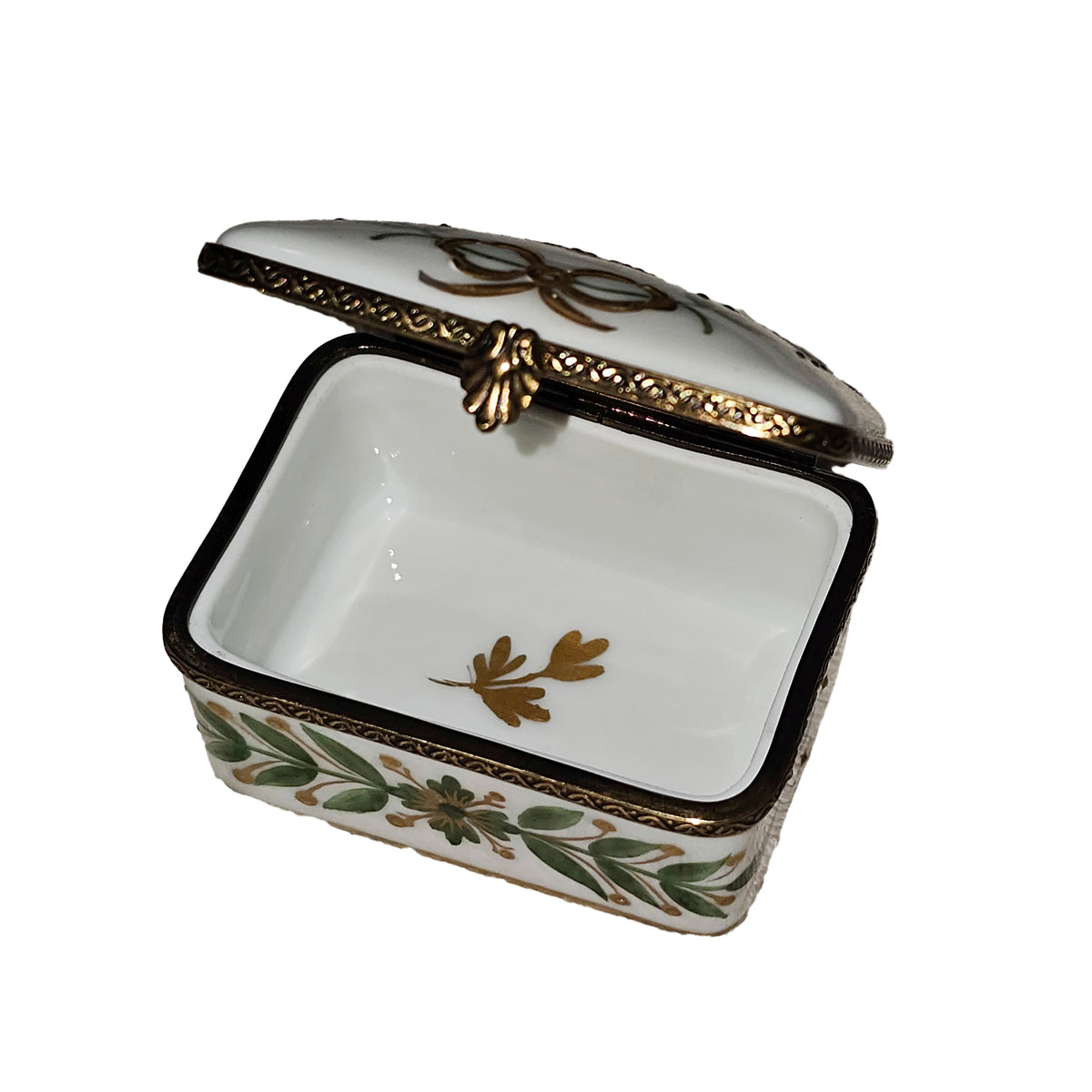 White with Green Leaves Rectangle Limoges Box for Collectors, view 2
