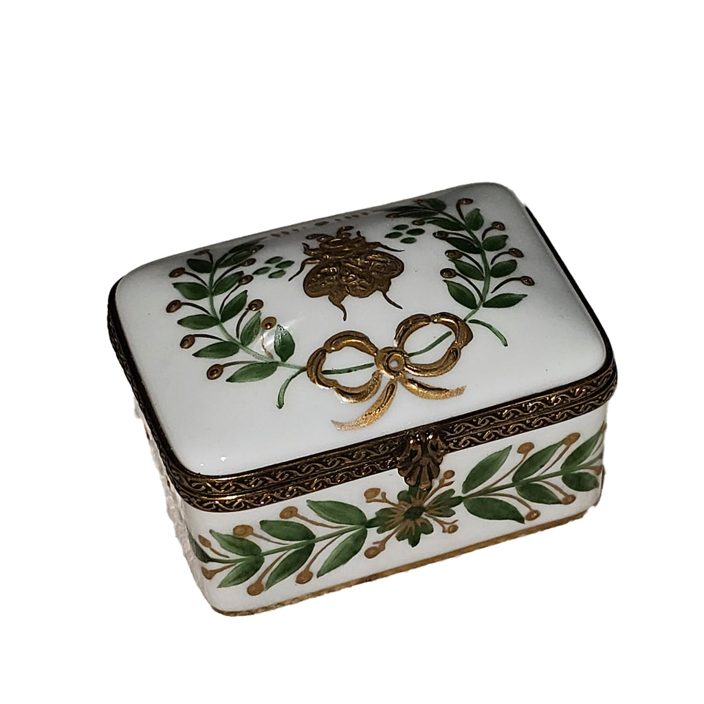 White with Green Leaves Rectangle Limoges Box for Collectors, view 3