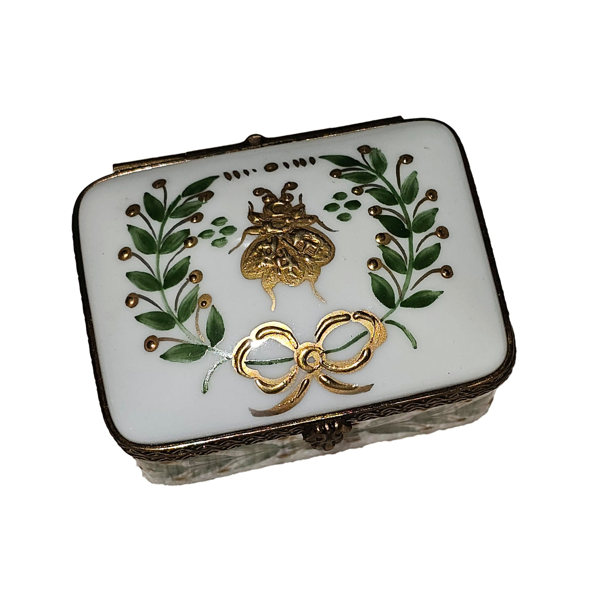 White with Green Leaves Rectangle Limoges Box for Collectors, view 4