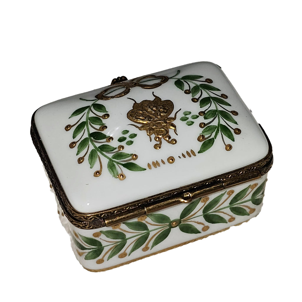 White with Green Leaves Rectangle Limoges Box for Collectors, view 5