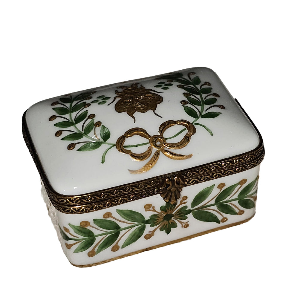 White with Green Leaves Rectangle Limoges Box for Collectors, a hand-painted Limoges porcelain gift