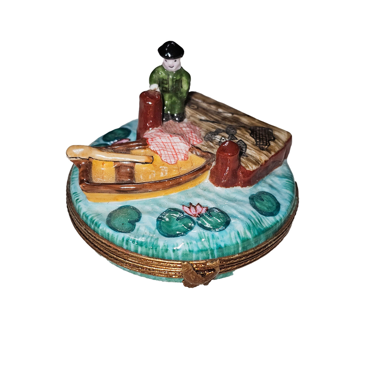 Fisherman on Boat and Dock Limoges Box, view 3