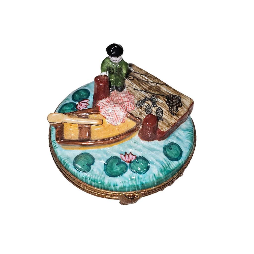 Fisherman on Boat and Dock Limoges Box, a hand-painted Limoges porcelain gift