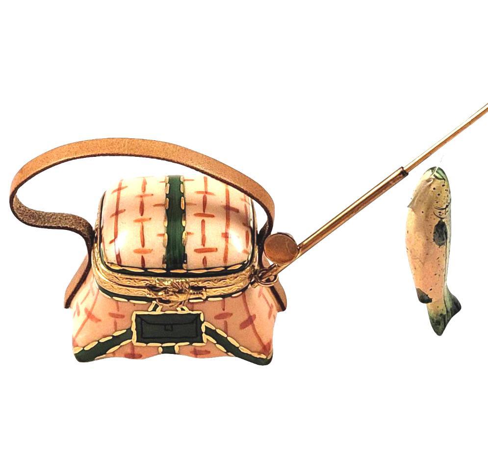 Fishing Basket with Rod & Fish Limoges Box, a hand-painted Limoges porcelain gift