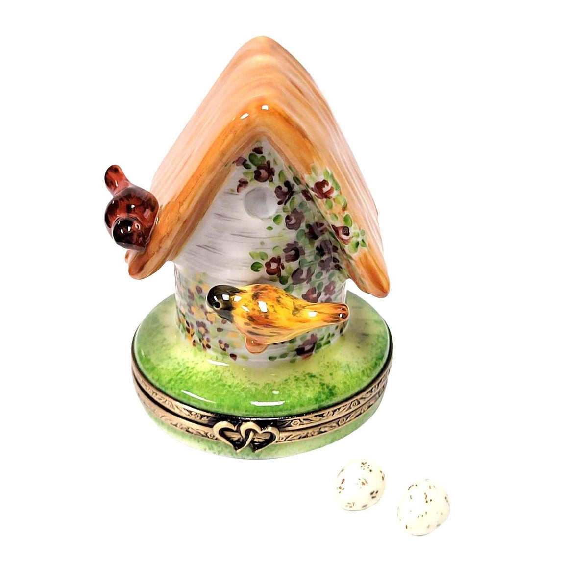 Floral Birdhouse with Cardinal Bird Removable Limoges Box, a hand-painted Limoges porcelain gift