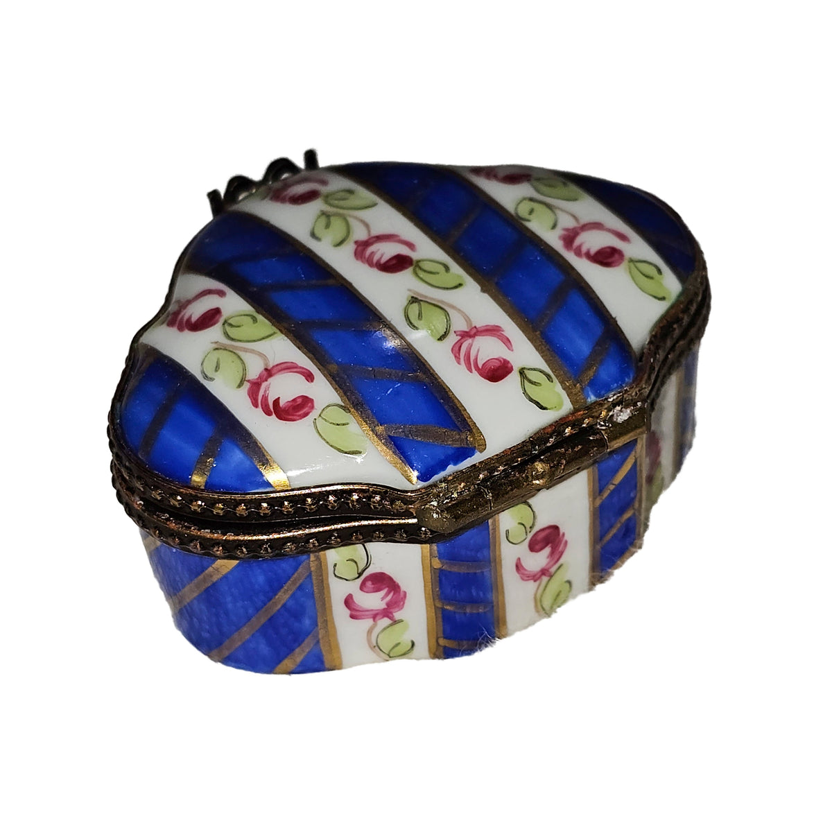 Stendhal Scalloped Dark Blue Stripes w Flowers Limoges Box, view 3