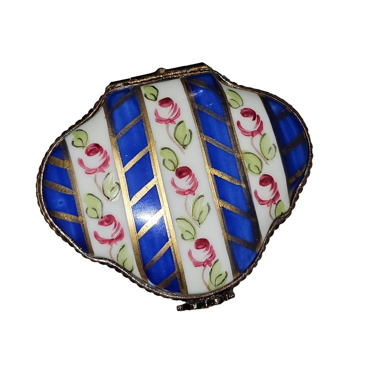 Stendhal Scalloped Dark Blue Stripes w Flowers Limoges Box, view 4