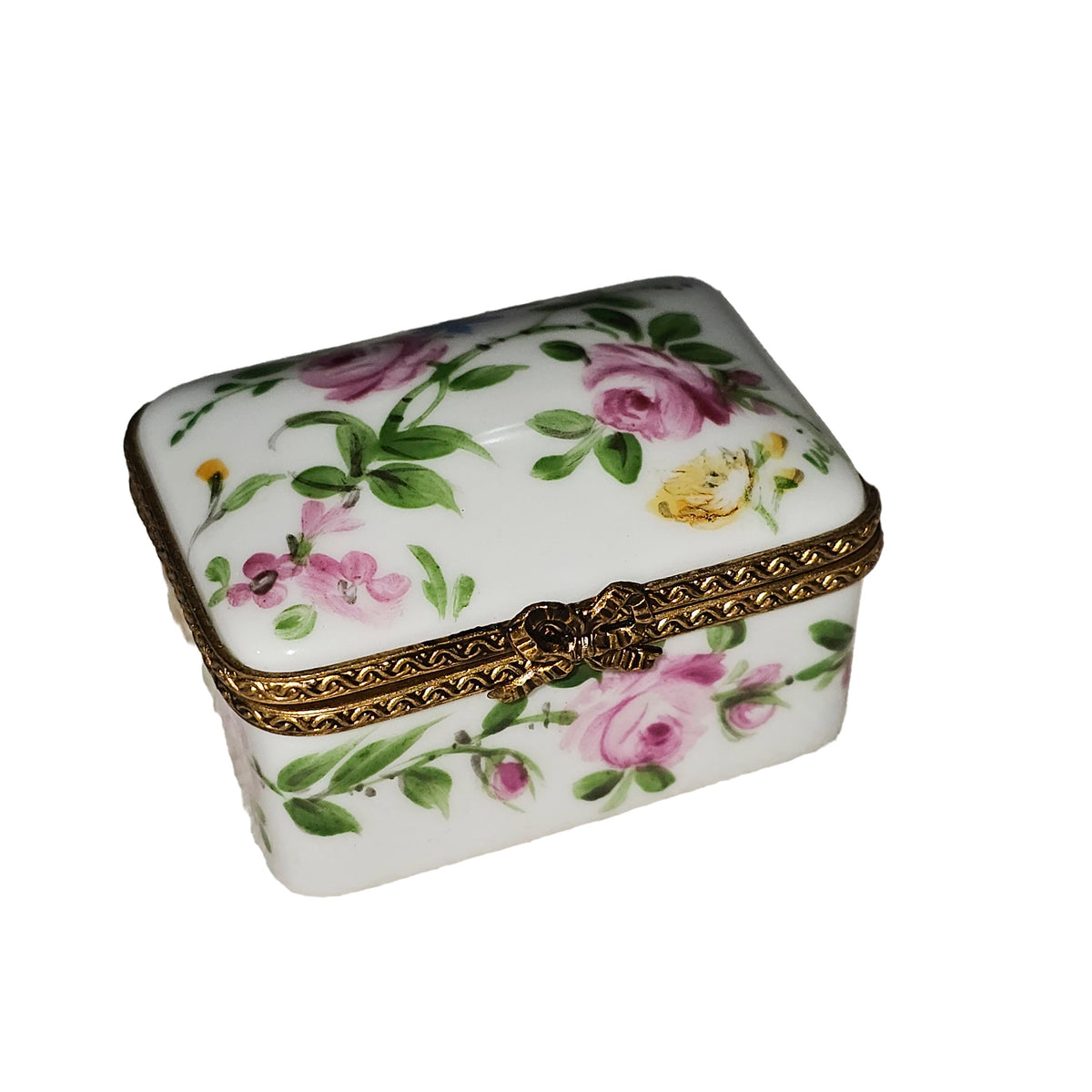 White Rectangle w Flowers Limoges Box, a hand-painted Limoges porcelain gift