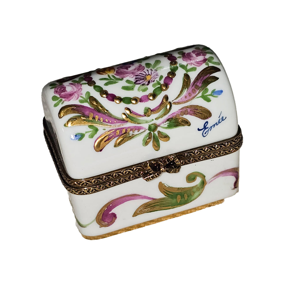 White Trunk w Flowers Limoges Box, a hand-painted Limoges porcelain gift