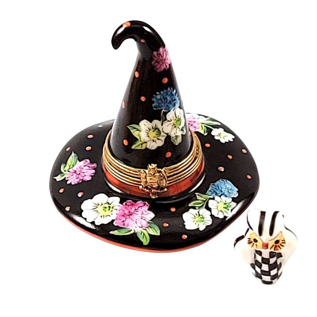 Floral Witch Hat with Removable Owl Limoges Box Collectible, a hand-painted Limoges porcelain gift