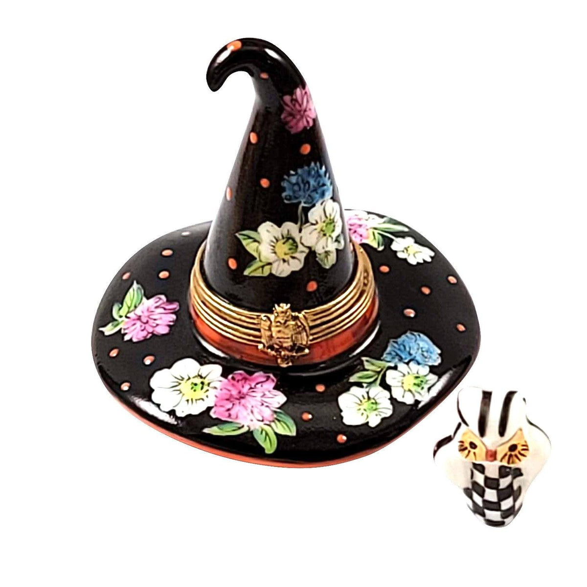 Genuine Rochard Floral Witch Hat with Removable Owl Limoges box painted by hand in France, from Limoges Boutique