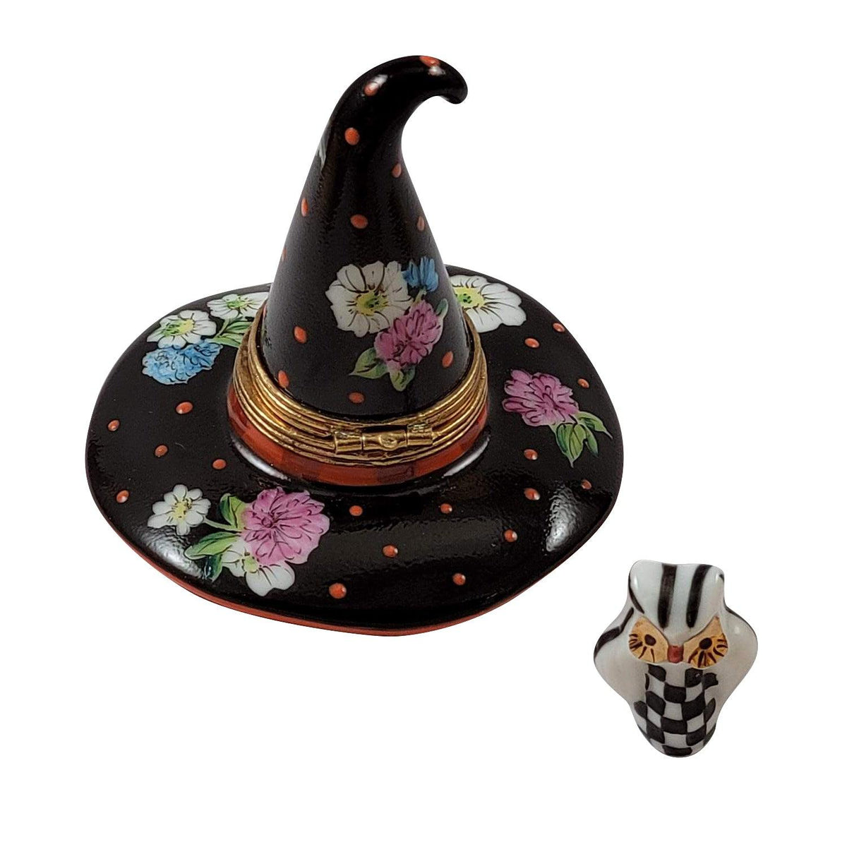 Treasured French collectible: Floral Witch Hat with Removable Owl Limoges box, painted by hand