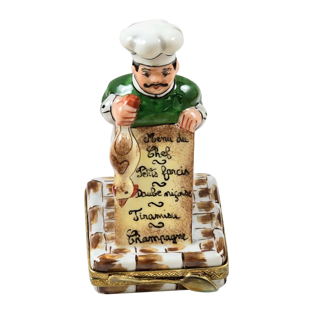 French Chef Holding Fish Menu Limoges Box, a hand-painted Limoges porcelain gift