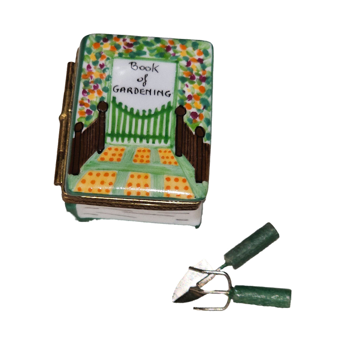 Gardening Book w Tools Limoges Box, a hand-painted Limoges porcelain gift