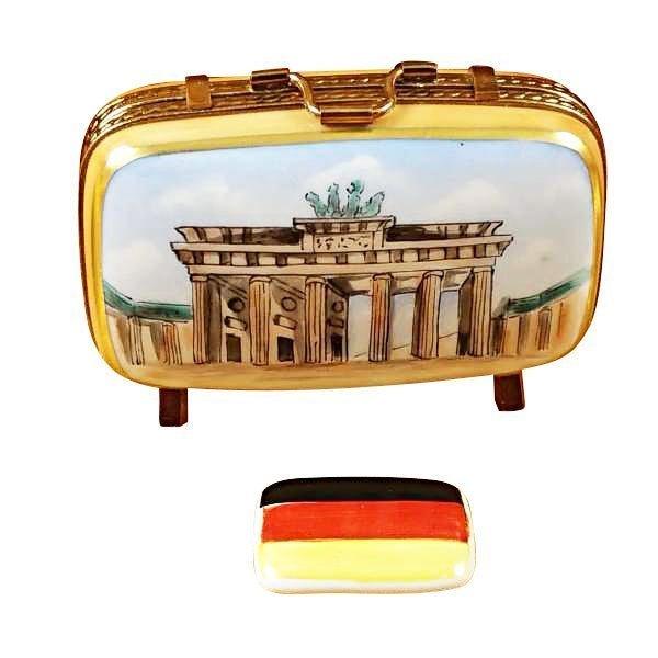 German Travel Suitcase with Flag Limoges Box for Collectors, a hand-painted Limoges porcelain gift