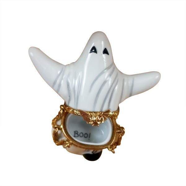 Treasured French collectible: Ghost with Ball and Chain Halloween Limoges box, painted by hand