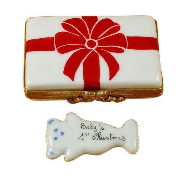 Baby's First Christmas Blue Limoges Gift Box with Red Bow, a hand-painted Limoges porcelain gift