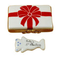 Baby's First Christmas Blue Limoges Gift Box with Red Bow, a hand-painted Limoges porcelain gift