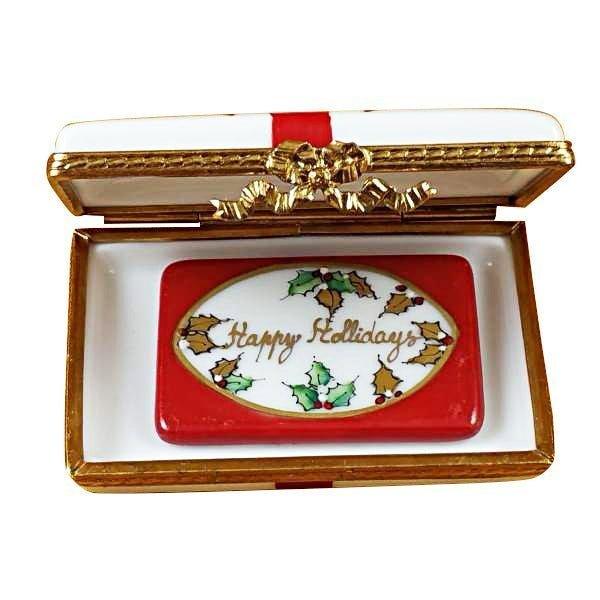Gift Box with Red Bow Happy Holidays Limoges Box Keepsake, view 2