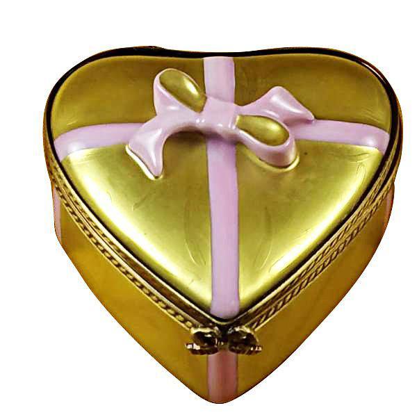 Gold Heart w Pink Bow Porcelain Chocolates Love Limoges Box Gift, a hand-painted Limoges porcelain gift