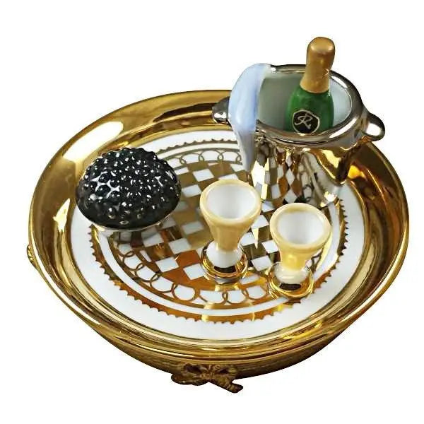 Gold Tray Caviar Champagne Bucket Limoges Box Gift, a hand-painted Limoges porcelain gift