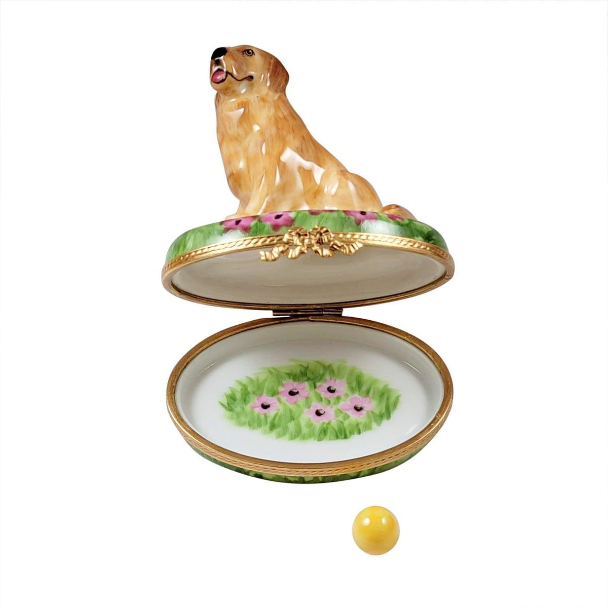 Golden Retriever on Flowers with Removable Ball Limoges Box, view 2