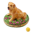 Golden Retriever on Flowers with Removable Ball Limoges Box, a hand-painted Limoges porcelain gift