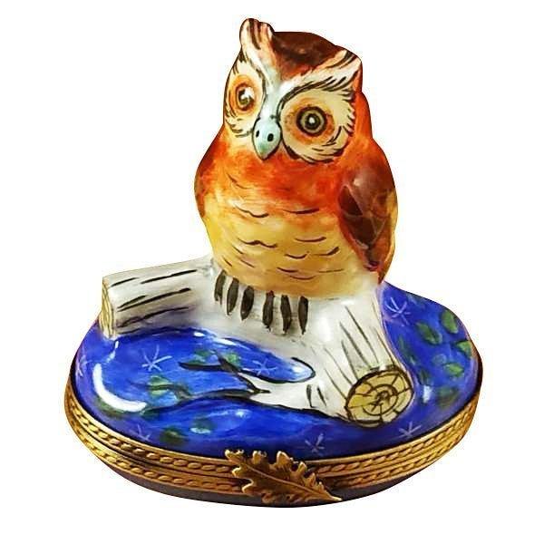 Great Owl on Blue Base Limoges Box, a hand-painted Limoges porcelain gift