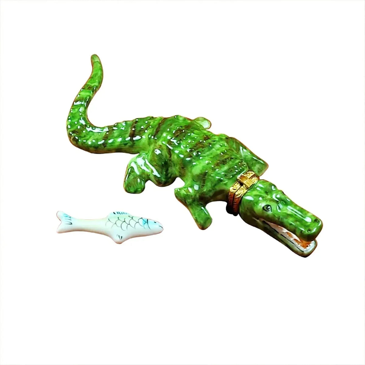 Green Crocodile with a Removable Fish Limoges Box Figurine, view 3
