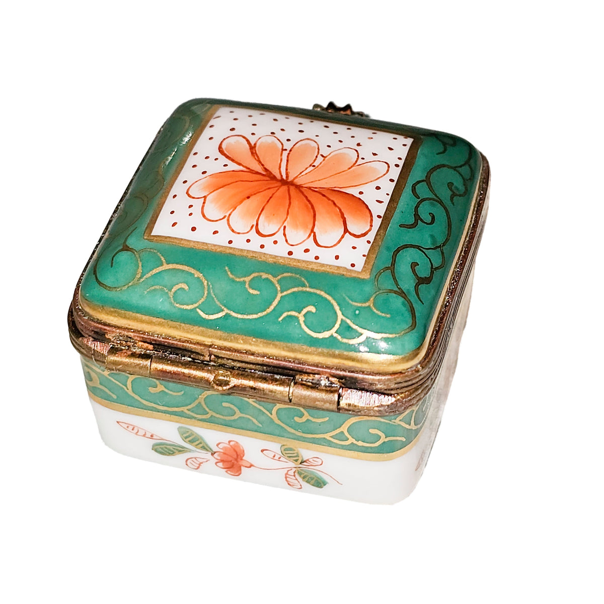 Green Square w Orange Flower Limoges Box, view 4