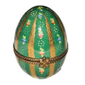 Green Egg w Gold Stripes Limoges Box, a hand-painted Limoges porcelain gift
