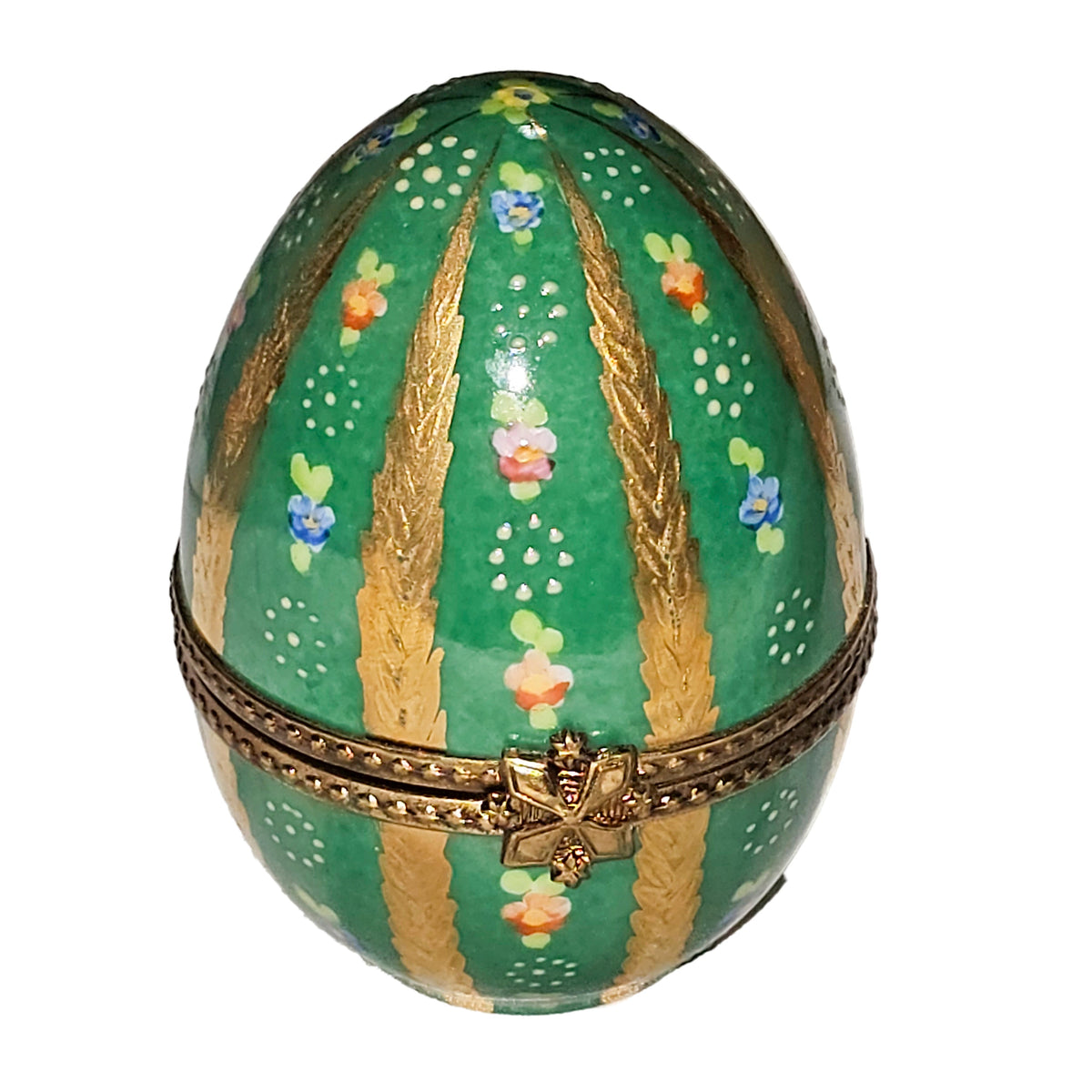 Green Egg w Gold Stripes Limoges Box, a hand-painted Limoges porcelain gift