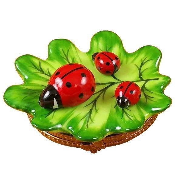 Green Leaf with Three Ladybugs Limoges Box Gift Decor, a hand-painted Limoges porcelain gift