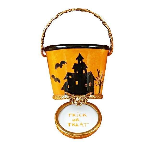 Fine French craftsmanship on the Halloween Pail with Jackolantern Limoges box, painted by hand