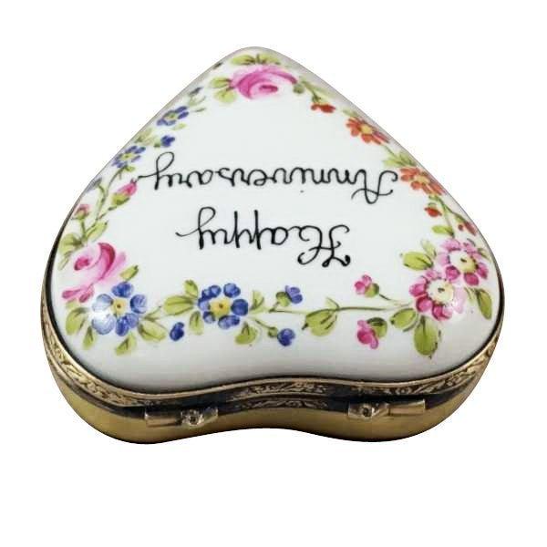 Artisan-painted Happy Anniversary Heart Limoges box from France, a cherished collectible