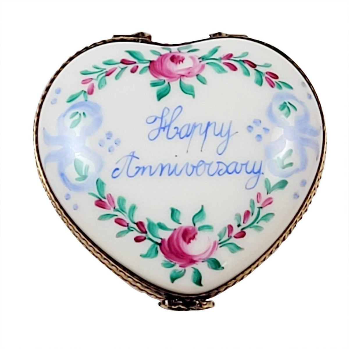 Limoges Boutique presents the Rochard Happy Anniversary Rose Heart, a genuine Limoges box painted by hand in France