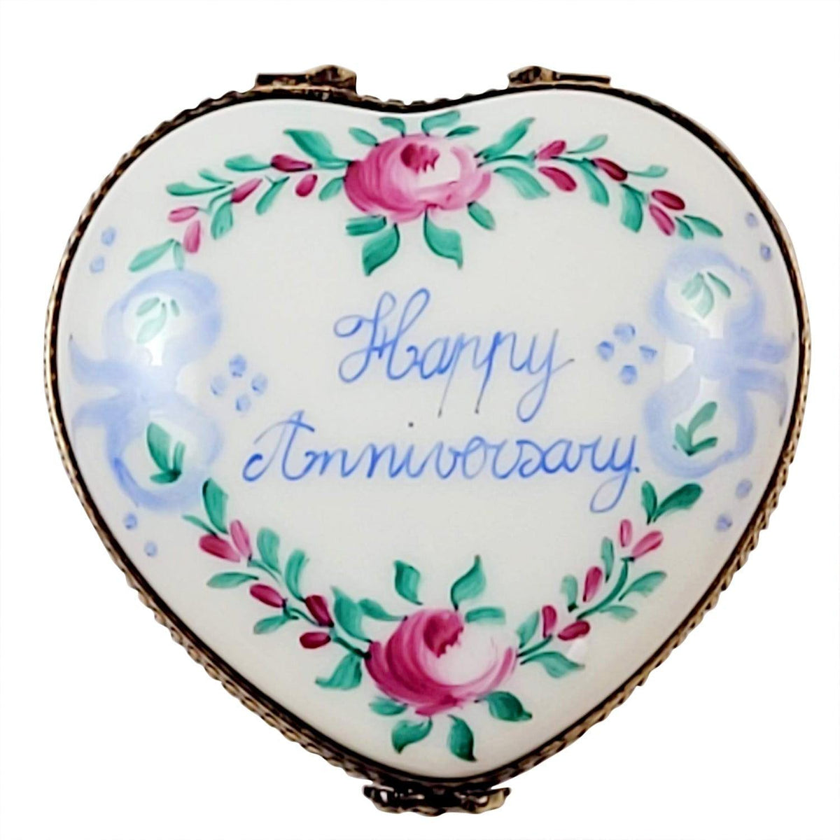 Every brushstroke by hand on the Happy Anniversary Rose Heart Limoges box from France