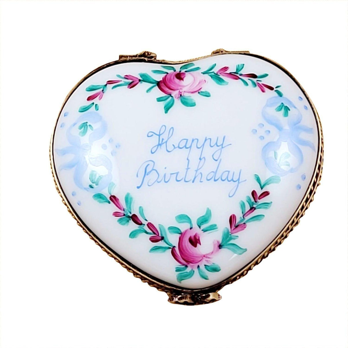 Happy Birthday Heart Limoges Porcelain Art Object, a hand-painted Limoges porcelain gift