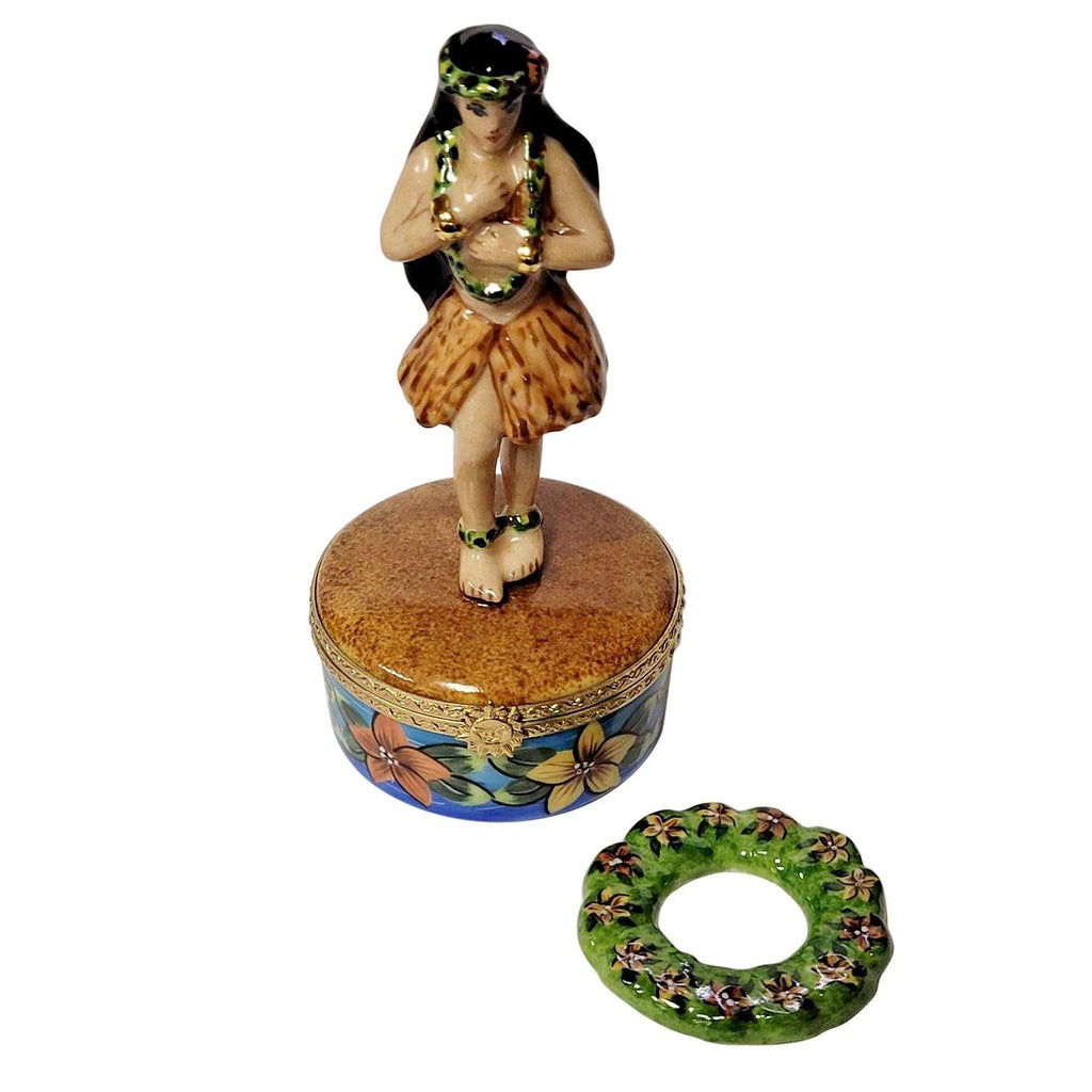 Hawaiian Hula Dancer with Removable Lei Limoges Box, a hand-painted Limoges porcelain gift