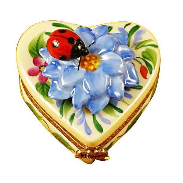 Heart Blue Flower w Ladybug Limoges Porcelain Art Object, a hand-painted Limoges porcelain gift